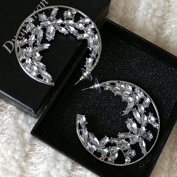 NEW Earrings Half Moon Hoop Cluster Stunning Faux Diamonds Pierced Crystals 2" - Picture 3 of 6